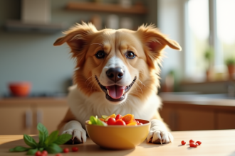 Chien heureux mangeant des légumes frais à la cuisine