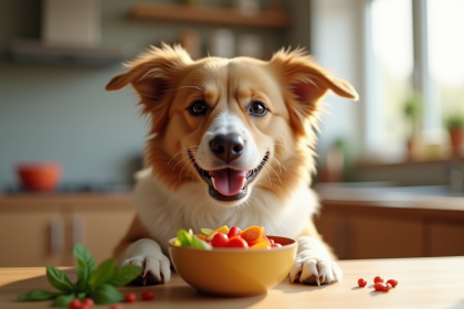 Chien heureux mangeant des légumes frais à la cuisine
