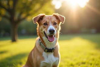 Chien souriant avec collier brillant dans un parc ensoleille