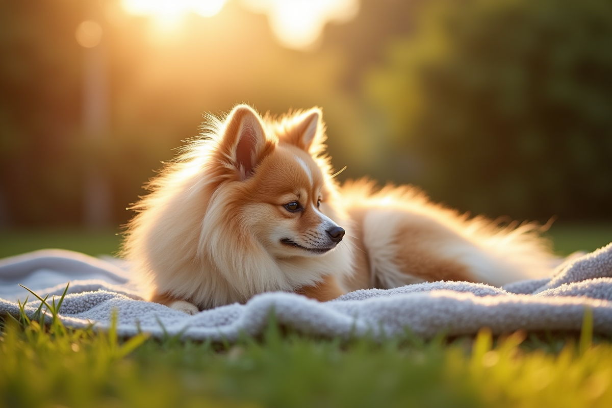 Chien Spitz relaxe dans un jardin en plein air