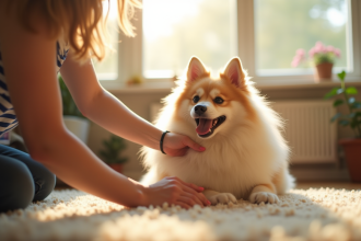 Chien Spitz heureux jouant avec son propriétaire en salon