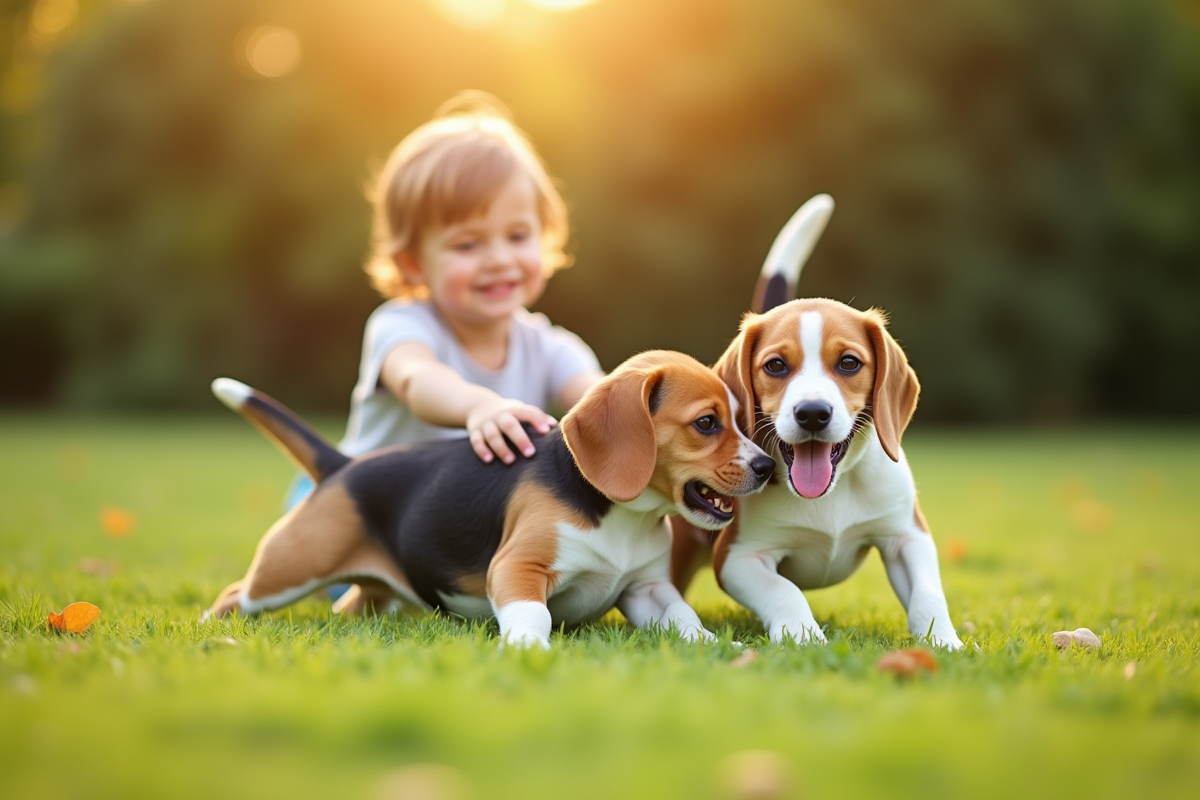 Deux chiens beagle jouant dans l'herbe avec un enfant