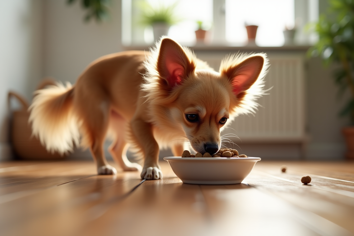 Chihuahua mangeant des croquettes dans la cuisine lumineuse
