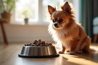 Chihuahua à poil long près d'un bol de nourriture pour chien