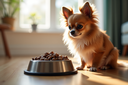 Chihuahua à poil long près d'un bol de nourriture pour chien