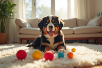 Chiot bernese en salon ensoleille avec jouets colorés