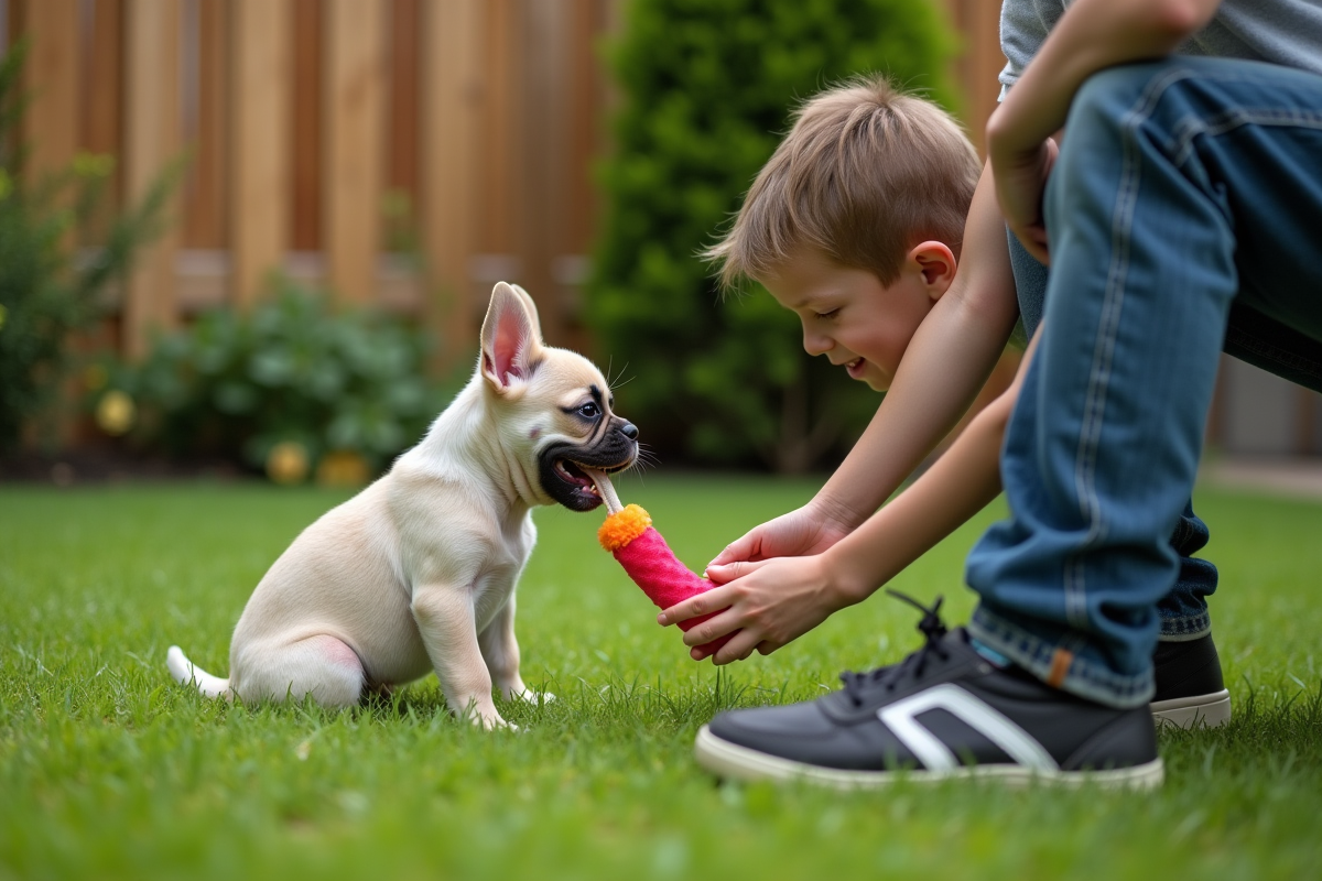 Jeune garçon avec chiot bouledogue français dans un jardin