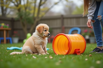 Chiot golden retriever curieux près d'un tunnel d'agilité dans le jardin