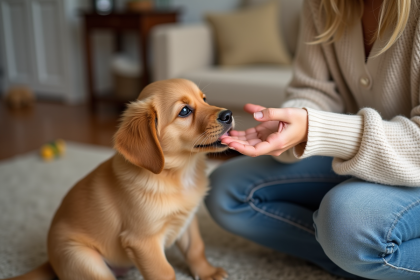 Chiot golden retriever mordillant la main d'une femme dans un salon
