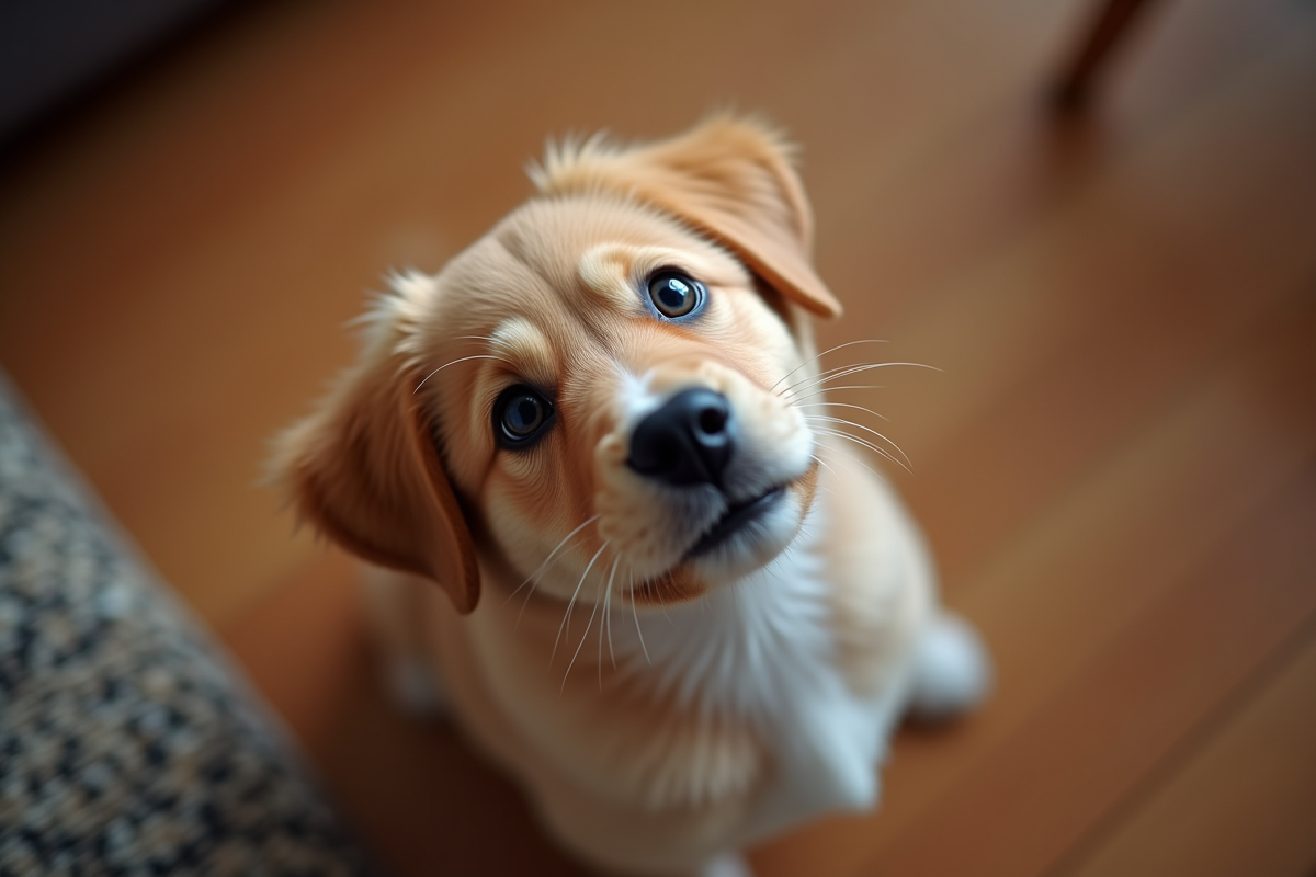 Chiot joueur vu de dessus avec yeux brillants en intérieur