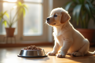 Chiot labrador assis près d'un bol de nourriture sèche