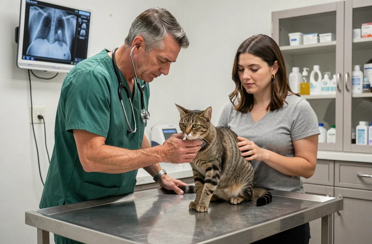 Vétérinaire masculin examinant un chat tigré à la Clinique Vétérinaire De La Guignardière dans le Loiret