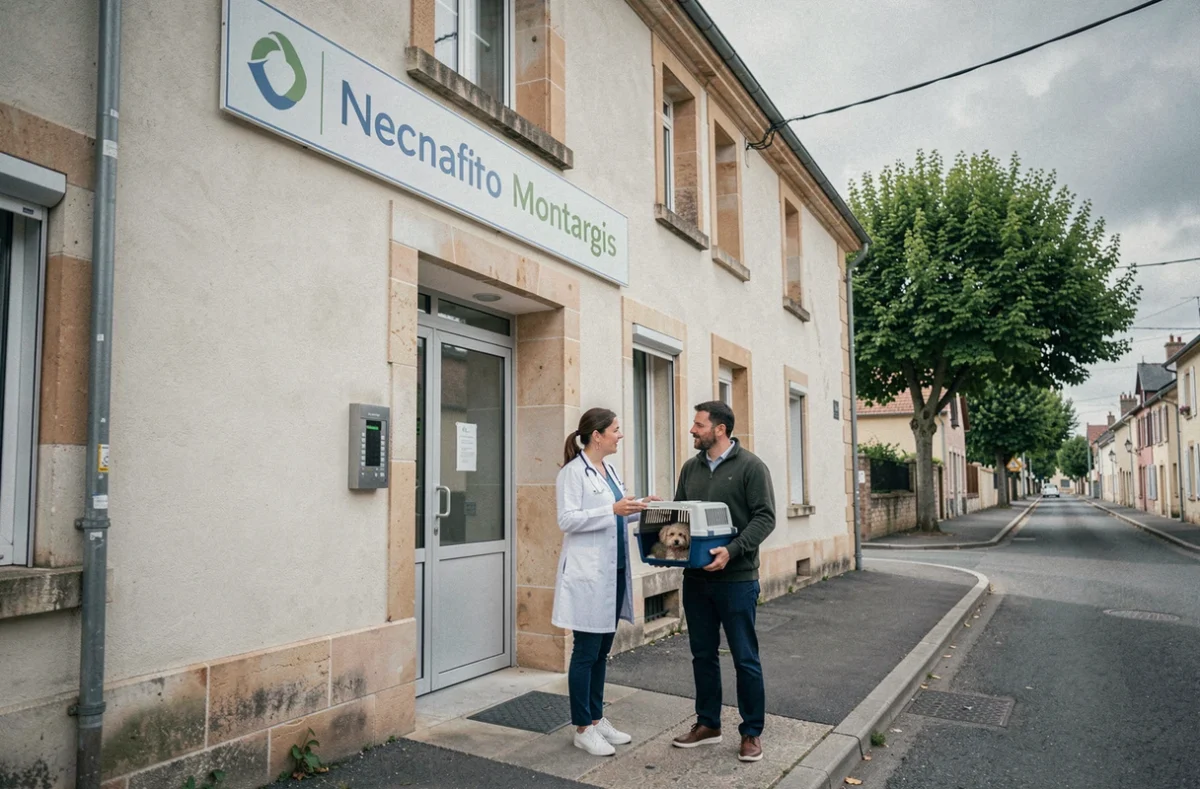 Façade de la Clinique Vétérinaire de Montargis avec une vétérinaire accueillant un client et son chien