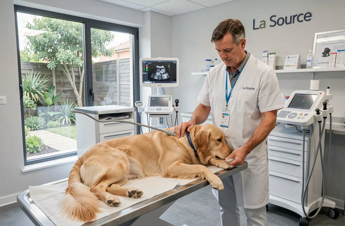 Vétérinaire réalisant une échographie sur un golden retriever à la Clinique Vétérinaire de la Source dans le Loiret