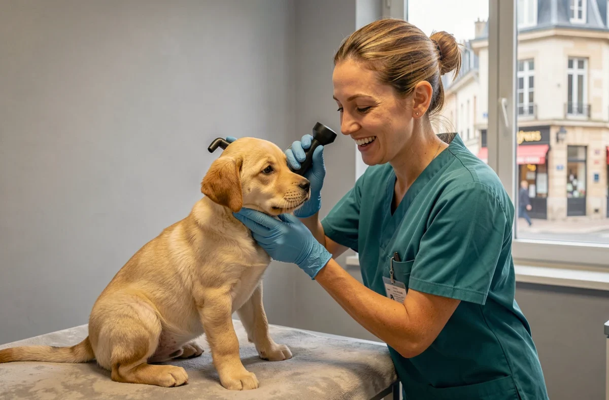 Vétérinaire examinant un chiot Labrador à la Clinique Vétérinaire de la Tuilerie dans le Loiret