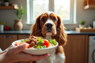 Cocker spaniel assis dans la cuisine lumineuse regardant un bol de légumes