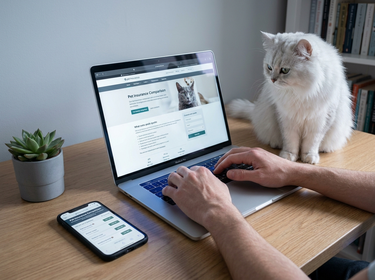 Mains tapant sur un ordinateur portable pour comparer des assurances chat en ligne avec un félin blanc à proximité
