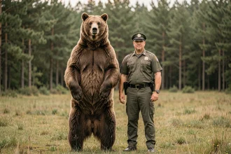 Comparaison de taille entre un grizzly debout sur ses pattes arrière et un homme adulte dans une prairie de montagne