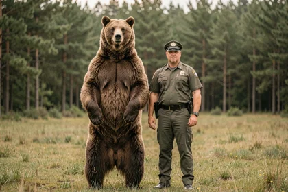 Comparaison de taille entre un grizzly debout sur ses pattes arrière et un homme adulte dans une prairie de montagne