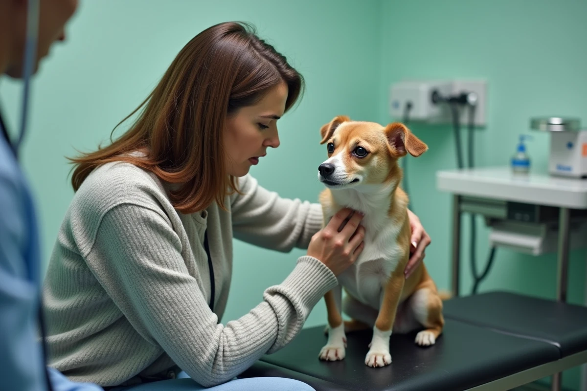 Femme et son chien chez le vétérinaire lors d'une consultation pour vomissements jaunes, regard inquiet mais rassurant