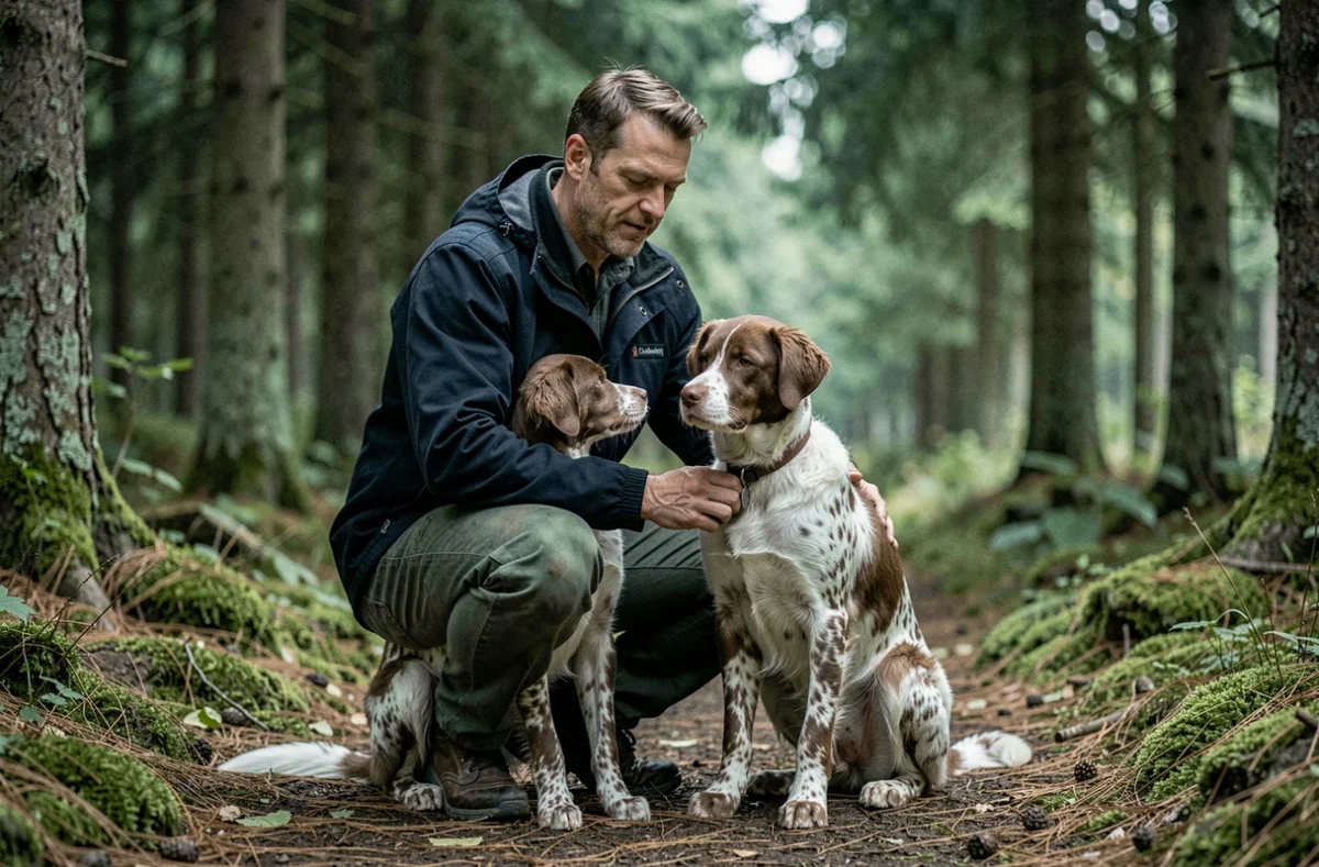 Éleveur référencé caressant son chien sur un chemin forestier dans les Vosges près d'Orbey