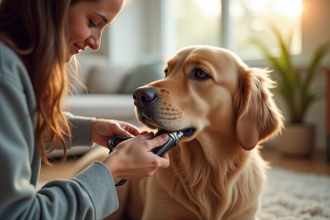 Personne douce coupant les ongles d'un retriever dans un salon lumineux