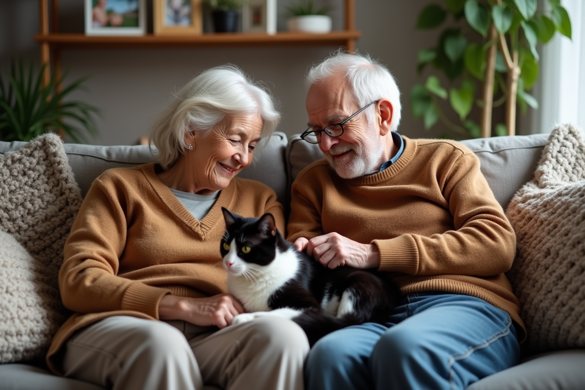 Couple âgé avec leur chat noir et blanc à la maison