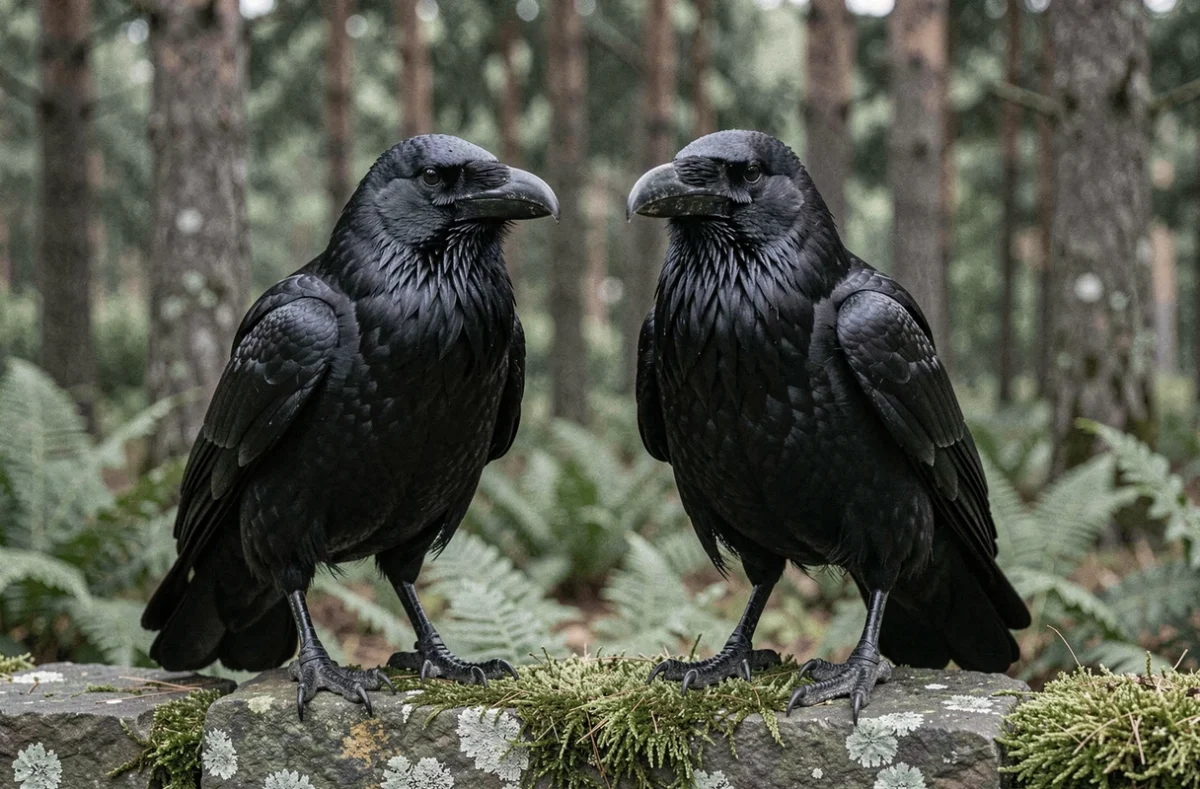 Couple de corbeaux mâle et femelle posés côte à côte sur un mur de pierre moussu en forêt