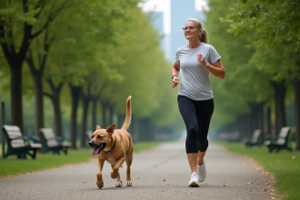 Femme courant avec son chien dans un parc urbain
