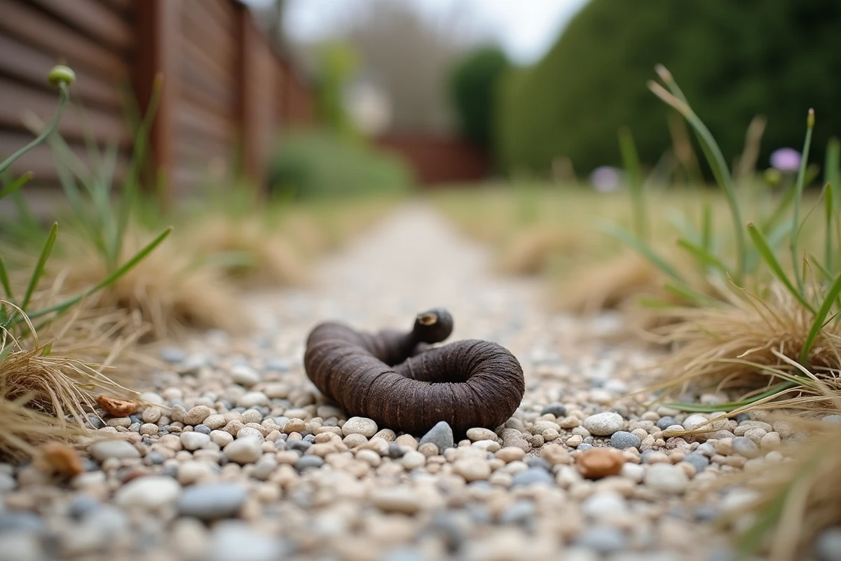 Crotte de renard sur un chemin de gravier dans un jardin pavillonnaire, montrant les caractéristiques visuelles typiques des déjections de renard