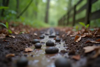 Crotte de sanglier fraîche sur un sentier boueux à proximité d'un jardin résidentiel, entourée de traces de sabots dans la terre humide