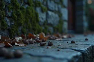 Crottes de fouine sur un mur de pierre dans un jardin, attirant d'autres nuisibles nocturnes