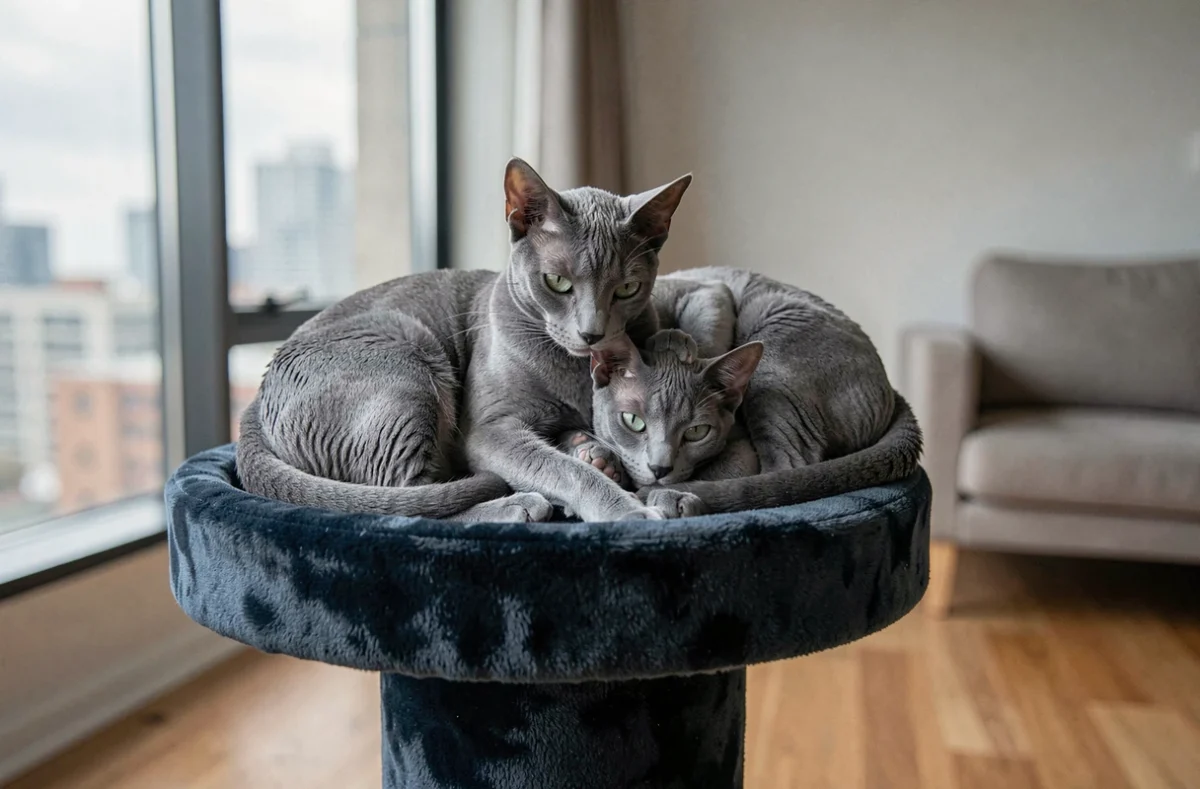Deux chats Korat adulte et jeune sur un arbre à chat en velours dans un appartement moderne et lumineux