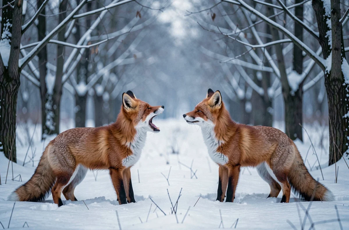 Deux renards roux dans une clairière enneigée, l'un vocalisant bruyamment face à l'autre dans une scène de communication animale troublante