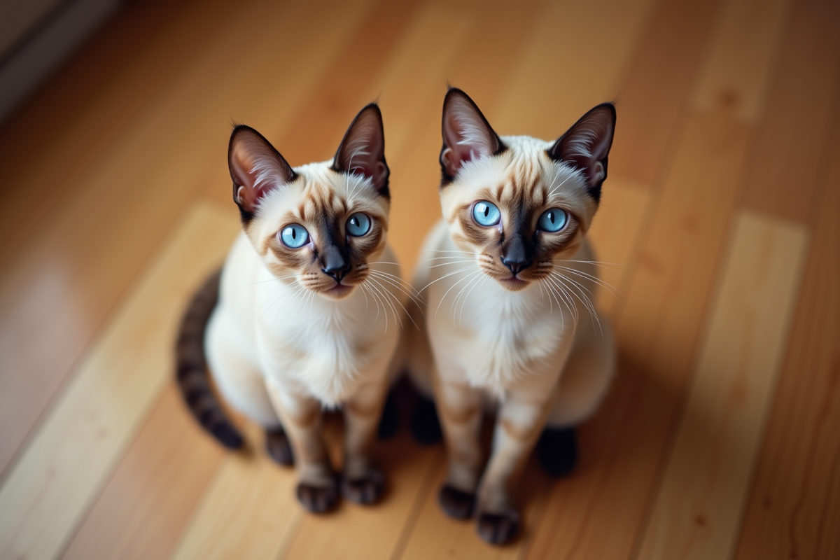 Deux chats siamois beige assis sur le sol en matinée