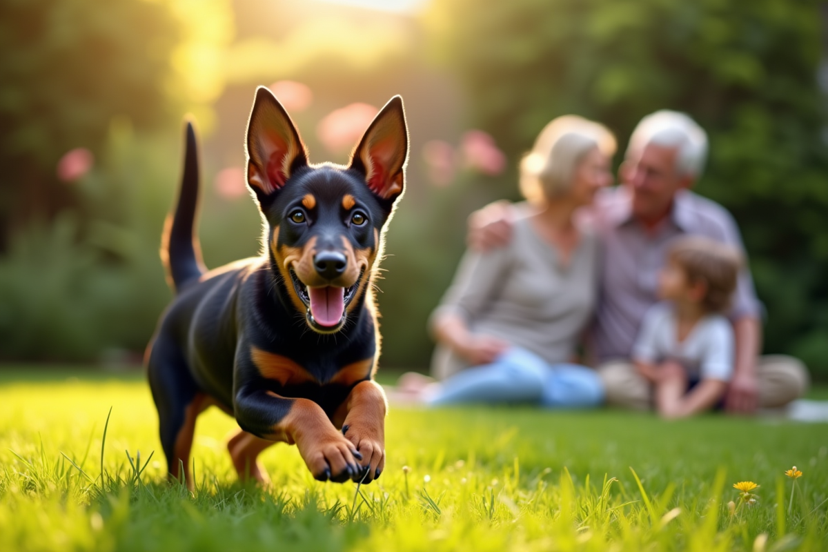 Chiot doberman jouant dans un jardin ensoleille avec famille