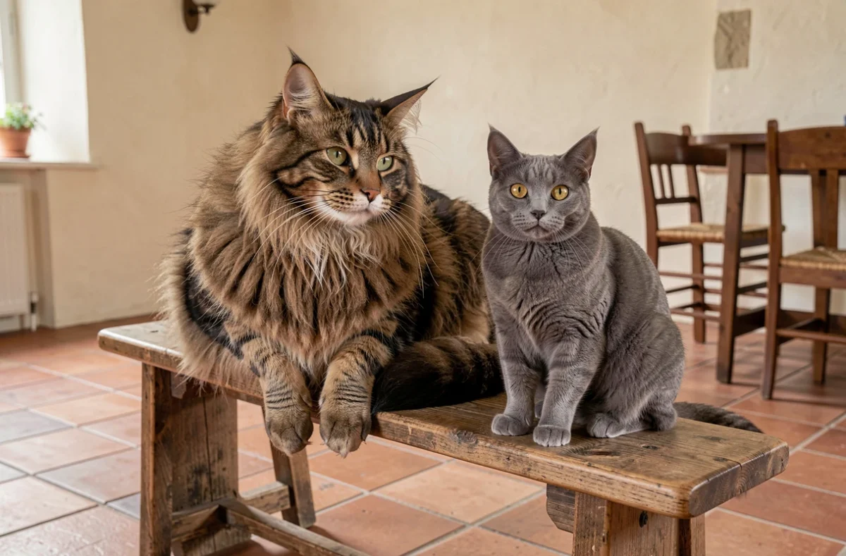 Grand Maine Coon tabby et Exotic Shorthair gris côte à côte sur un banc de ferme en Loire-Atlantique au Domaine de Shadia