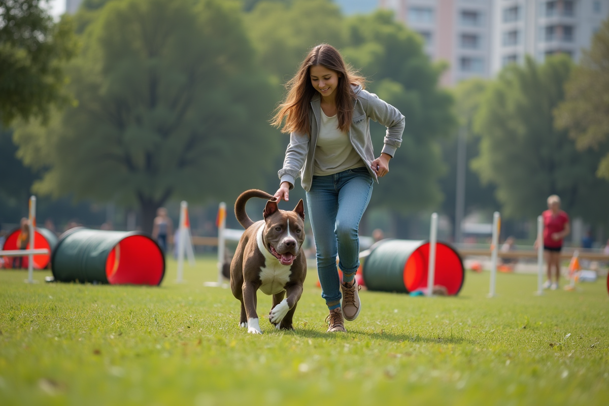Jeune femme guidant un American Bully dans un parc urbain