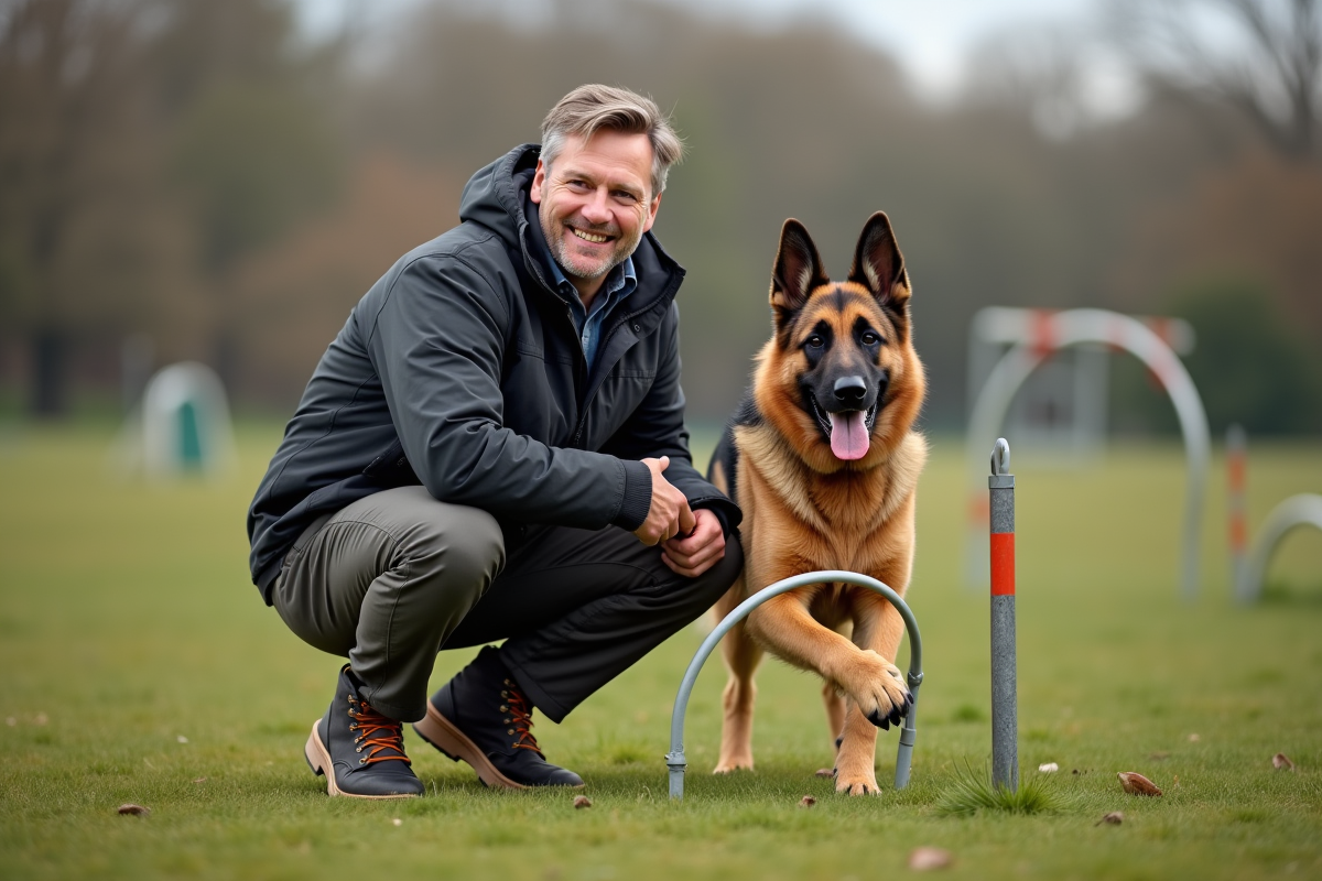 Dresseur guidant un berger allemand lors d’un entraînement