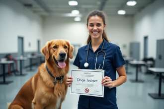 Dresseur de chien certifie souriant avec un golden retriever