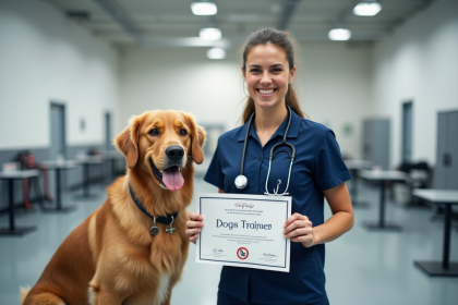 Dresseur de chien certifie souriant avec un golden retriever