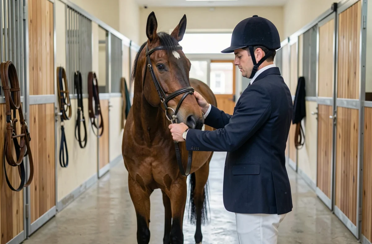 Cavalière en tenue de dressage préparant son cheval bai dans les allées soignées des Écuries de Panon