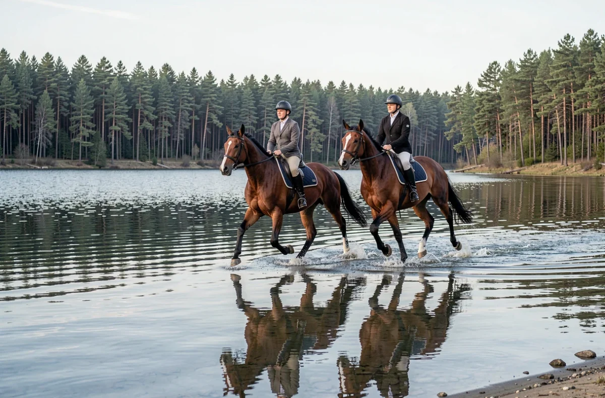 Deux cavaliers sur des chevaux bais trottant au bord d'un lac paisible entouré de pins, reflets dans l'eau aux Écuries du Lac