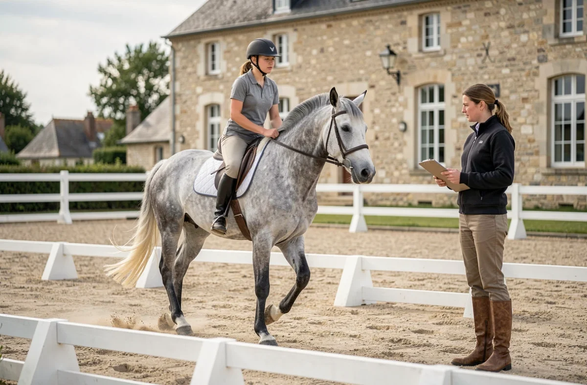 Instructrice observant une cavalière sur un cheval gris en travail de dressage dans l'arène des Écuries du Grand Guillon