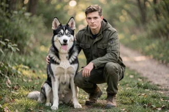Éducateur canin agenouillé avec un croisement husky berger allemand lors d'une session d'entraînement en forêt