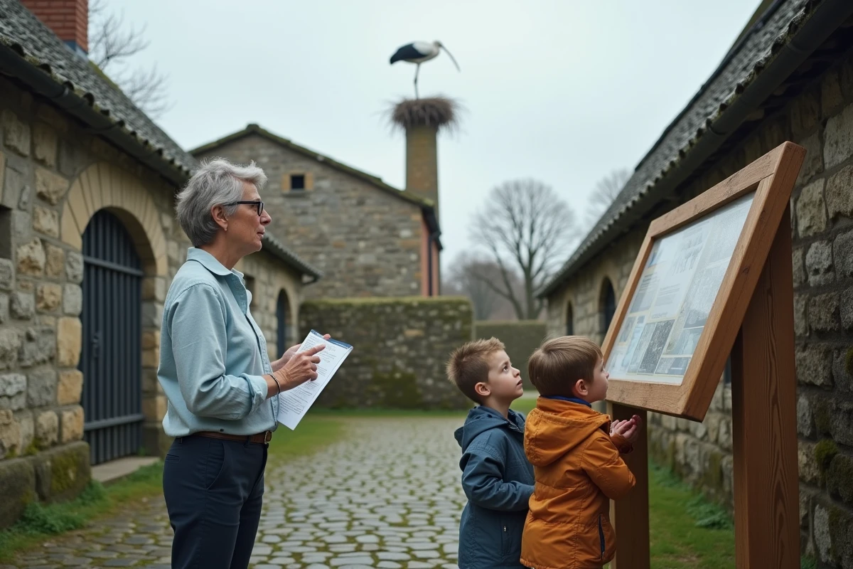 Éducatrice et enfants observant un nid de cigognes en plein air