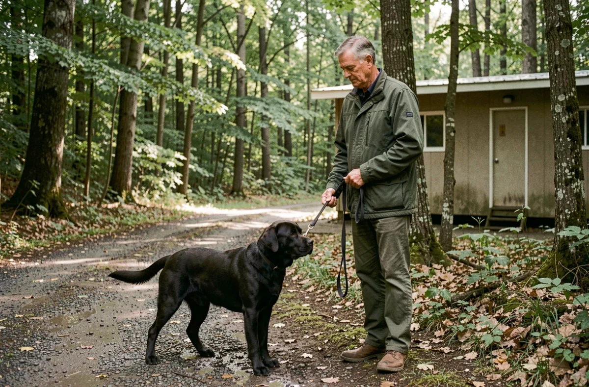Éleveur canin avec un Labrador retriever devant son domaine boisé près de Tomblaine