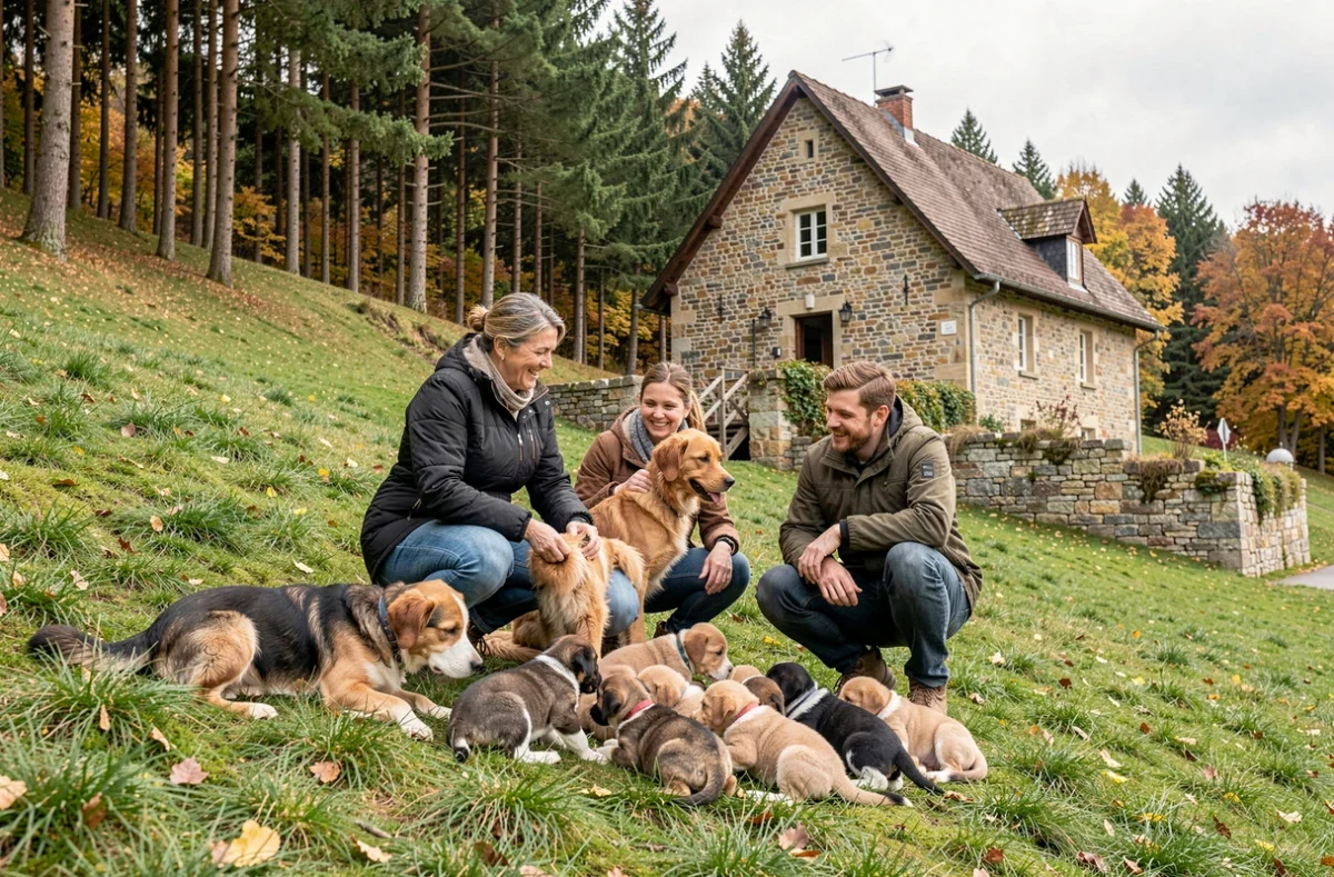 Famille d'éleveurs avec des chiens et chiots sur le domaine de la colline à Philippsbourg