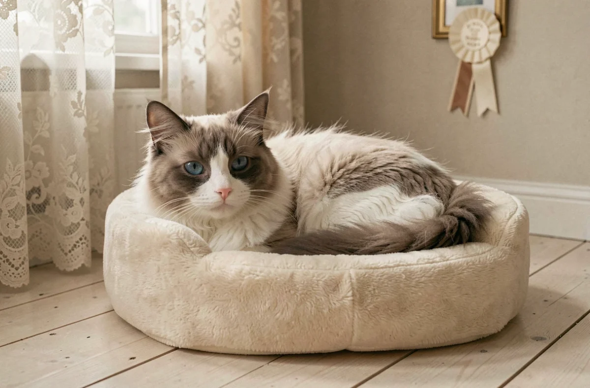 Deux chats Ragdoll bicolores aux yeux bleus sur un lit moelleux crème dans une chatterie spécialisée Ragdoll des Pays de la Loire