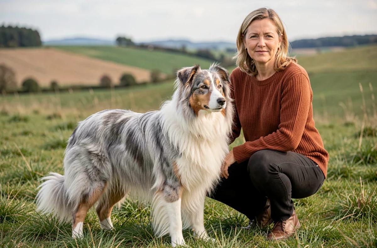 Bearded Collie au pelage long et soyeux avec son éleveuse alsacienne dans un champ verdoyant